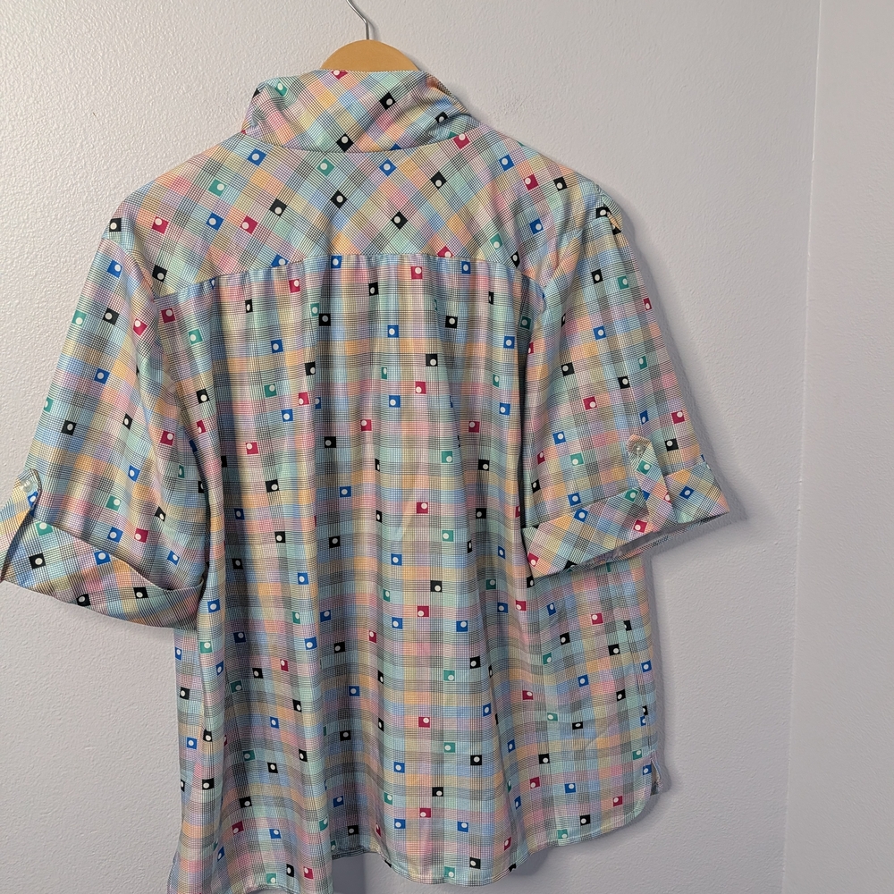 Regal Row Retro Geometric Blouse | Pastel Grid Print | Oversized Button Front - Picture 5 of 5